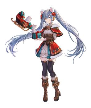 1girl android animal_ear_hairband animal_ears artist_request bear bear_ear_hairband bear_ears black_thighhighs blue_eyes blush boots breasts brown_boots brown_corset capelet christmas christmas_present clothing_cutout commentary commentary_request corset dress english_commentary fake_animal_ears floating_hair full_body fur-trimmed_dress fur_trim gift grey_hair hair_ribbon hairband heterochromia high_heel_boots high_heels highres kara_(king&#039;s_raid) king&#039;s_raid knees_together_feet_apart korean_commentary layered_dress long_hair mixed-language_commentary official_alternate_costume official_art red_capelet red_dress red_ribbon ribbon robot_ears santa_costume santa_dress second-party_source shoulder_cutout sleigh small_breasts socks solo sweater sweater_dress symbol-shaped_pupils teddy_bear_ornament thighhighs turtleneck turtleneck_sweater twintails very_long_hair white_dress white_fur white_socks yellow_eyes zettai_ryouiki