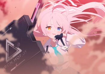 1girl abydos_high_school_logo ahoge artist_request ballistic_shield beretta_1301 black_gloves black_skirt blue_archive blue_eyes blue_necktie blush bruise chest_strap collared_shirt cowboy_shot damaged dust fang fingerless_gloves floating_hair game_cg gloves gun hair_ears halo hand_on_own_face heterochromia highres holding holding_shield holding_weapon hoshino_(blue_archive) id_card injury long_hair looking_ahead loose_necktie necktie non-web_source official_art open_mouth pink_hair pink_halo red_sky shield shirt shotgun skirt sky sleeves_past_wrists smile smoke solo spoilers upper_body weapon white_shirt yellow_eyes