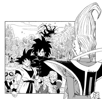 1girl 5boys :o arm_behind_back big_hair broly_(dragon_ball_super) cheelai dougi dragon_ball dragon_ball_super dragon_ball_super_super_hero facial_scar fenyon forest goggles goggles_on_head greyscale highres holding_another's_arm index_finger_raised lemo_(dragon_ball) monochrome multiple_boys nature pectorals sash scar scar_on_cheek scar_on_face short_hair skin_tight spiked_hair tree vegeta whis