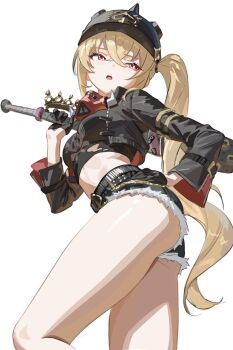 1girl baseball_bat black_gloves black_jacket black_shirt blonde_hair breasts commentary gloves hectorrambito helmet highres holding holding_baseball_bat jacket long_hair luciana_de_montefio medium_breasts midriff open_mouth red_eyes shirt side_ponytail simple_background thighs very_long_hair white_background zenless_zone_zero