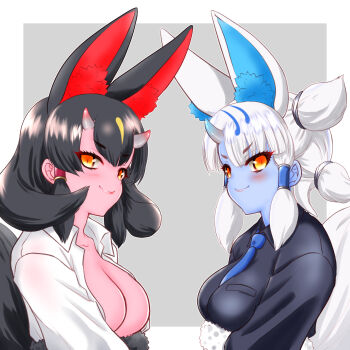 2girls absurdres animal_ear_fluff animal_ears between_breasts black_hair black_shirt black_tail blonde_hair blue_hair blue_horns blue_necktie blue_oni blue_skin blush border breast_pocket breasts center_opening closed_mouth collared_shirt colored_skin extra_ears fox_ears from_side fur-trimmed_belt ginkaku_(kemono_friends) grey_horns hair_between_horns hair_tubes hakumaiya highres horns kemono_friends kemono_friends_3 kinkaku_(kemono_friends) long_sleeves looking_at_viewer medium_breasts medium_hair multicolored_eyes multicolored_hair multicolored_horns multiple_girls necktie necktie_between_breasts no_bra oni outside_border pink_horns pink_skin pocket quad_tails red_eyes red_oni shirt single_horn slit_pupils small_horns smile tail two-tone_hair two-tone_horns white_border white_hair white_shirt white_tail wing_collar yellow_eyes