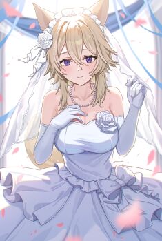 1girl absurdres animal_ears bare_shoulders blonde_hair breasts bridal_veil bride cat_ears cat_girl cat_tail cleavage closed_mouth commentary_request dress elbow_gloves flower gloves hair_between_eyes hair_flower hair_ornament hand_on_own_chest highres jewelry kage_no_jitsuryokusha_ni_naritakute! large_breasts looking_at_viewer matsumoto_yuu necklace purple_eyes short_hair_with_long_locks slit_pupils smile solo tail veil wedding_dress white_dress white_gloves zeta_(kagejitsu)