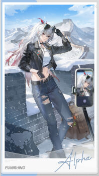 1girl absurdres adjusting_eyewear alpha:_crimson_weave_(pgr) alpha_(pgr) arm_rest arm_up asymmetrical_gloves backpack bag belt black_belt black_boots black_choker black_gloves black_jacket blue_eyes blue_pants boots brown_bag cellphone chain chain_necklace character_name charm_(object) china choker commentary copyright_name crop_top cropped_jacket cropped_shirt denim dog_tags english_commentary eyewear_on_head feet_out_of_frame gloves gradient_hair great_wall_of_china hair_between_eyes heterochromia highres index_finger_raised jacket jeans jewelry lace-up_boots leaning_back long_hair long_sleeves looking_at_viewer midriff mismatched_gloves mountain multicolored_hair navel necklace official_art open_clothes open_jacket outdoors pants parted_lips partially_fingerless_gloves phone polaroid_photo ponytail punishing:_gray_raven red_eyes red_hair rock shirt sleeves_rolled_up smartphone snow snowing solo standing sunglasses torn_clothes torn_pants tripod white_shirt