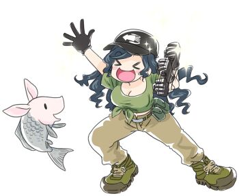 :d belt belt_buckle black_gloves black_hat blue_hair boots breasts brown_footwear brown_pants buckle clenched_hand closed_eyes combat_boots crop_top curly_hair excited fish gloves green_belt green_shirt happy hat japanon kraken_(japanon) kraken_regiment leaning_forward light_blush long_hair medium_breasts midriff military military_uniform navel open_mouth open_pants original pants pig russo-ukrainian_war schweinokaras shirt short_sleeves shouting smile soldier sparkle squid tied_shirt tongue transparent_background very_long_hair waving