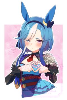 1girl admire_groove_(umamusume) animal_ears blue_hair blush breasts cleavage closed_mouth collarbone commentary_request hair_between_eyes hair_ornament hairband heart heterochromia horse_ears horse_girl koruri medium_breasts mole mole_under_eye purple_eyes translation_request twitter_username umamusume