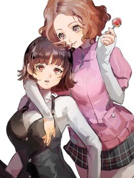 2girls 4me3ba_niku arm_around_neck black_vest blunt_bangs breasts brown_eyes brown_hair buttons candy cardigan checkered_clothes checkered_skirt cowboy_shot crossed_bangs fluffy_hair food highres holding holding_candy holding_food holding_lollipop lollipop long_sleeves looking_at_another medium_breasts miniskirt multiple_girls niijima_makoto okumura_haru parted_bangs parted_lips persona persona_5 pink_cardigan pleated_skirt red_eyes school_uniform shirt short_hair shuujin_academy_school_uniform skirt turtleneck turtleneck_shirt upper_body vest white_background white_shirt zipper