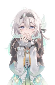 1girl aqua_dress black_hairband black_ribbon blue_pupils blush bridal_gauntlets closed_mouth detached_sleeves dress firefly_(honkai:_star_rail) frilled_sleeves frills gradient_eyes gradient_hair grey_hair hair_between_eyes hair_intakes hair_ornament hair_ribbon hairband highres honkai:_star_rail honkai_(series) huahana long_hair long_sleeves multicolored_eyes multicolored_hair neckerchief orange_neckerchief own_hands_together ribbon simple_background single_bridal_gauntlet solo white_background white_sleeves