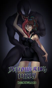 1boy 1girl artist_self-insert bare_shoulders black_dress blue_hair breasts brown_hair commentary dress english_text fangs glasses highres hizzacked hizzy_(hizzacked) lips little_black_dress long_hair long_tongue marvel multicolored_hair original parted_lips ponytail round_eyewear saliva skin_tight spider-man_(series) tongue tongue_out two-tone_hair venom_(marvel) very_long_tongue watermark web_address
