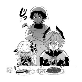 1girl 2boys alternate_costume apron aranara_(genshin_impact) armlet blunt_ends caramelo_game character_print chest_jewel clenched_hand closed_mouth crossed_arms detached_sleeves double-parted_bangs dragon_boy dragon_horns dress drinking_straw fish_steak food genshin_impact glaring greyscale hair_between_eyes hair_ornament half_crown_braid hand_on_own_arm heart-shaped_gem highres holding holding_ladle horns jewelry kappougi ladle leaf leaf_hair_ornament long_hair looking_at_another looking_down mandarin_collar mini_durin_(dragon)_(genshin_impact) mini_durin_(genshin_impact) mini_durin_(human)_(genshin_impact) monochrome multiple_boys nahida_(genshin_impact) parody plate pointy_ears sanpaku scaramouche_(genshin_impact) shoulder_peek side_ponytail sidelocks sound_effects steam style_parody tenugui translation_request vegetable wispy_bangs