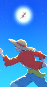 2boys absurdres black_hair blue_shorts blue_sky commentary_request facial_scar feet_out_of_frame from_side fur-trimmed_shorts fur_trim hat hat_over_eyes highres holding holding_polearm holding_sword holding_weapon kkong_giii1 korean_commentary male_focus monkey_d._luffy multiple_boys one_piece outdoors parted_lips polearm profile red_shirt running sash scar scar_on_cheek scar_on_face shirt short_hair shorts sky smile solo spear straw_hat sun sun_god_nika_(one_piece) sword weapon yellow_sash