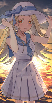 1girl backlighting belt blonde_hair blue_bow blue_necktie blue_ribbon blue_sailor_collar blue_sky blush bow breast_pocket cloud collarbone commentary_request cowboy_shot ear_piercing gakuen_idolmaster gradient_sky hat hat_bow hat_ribbon highres idolmaster long_hair looking_at_viewer necktie orange_eyes orange_sky outdoors parted_bangs piercing pleated_skirt pocket ribbon sailor_collar shinosawa_hiro shirt short_necktie sidelocks skirt sky sleeveless sleeveless_shirt solo standing sun_hat sunset water white_hat white_shirt white_skirt yui081