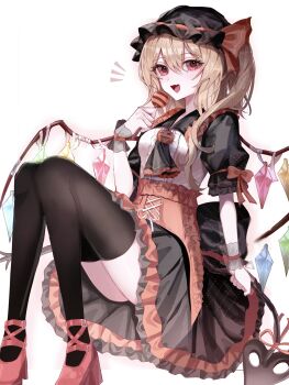 1girl alternate_costume alternate_headwear_color ascot bandaged_wings black_ascot black_hat black_skirt black_thighhighs blonde_hair bow candy collared_shirt commentary crystal crystal_wings flandre_scarlet food frilled_shirt_collar frilled_skirt frills halloween halloween_costume hat high_heels highres holding holding_candy holding_food holding_lollipop jack-o&#039;-lantern_brooch laevatein_(touhou) lollipop looking_at_viewer mob_cap multicolored_wings one_side_up open_mouth orange_bow orange_eyes red_shoes shirt shoes simple_background skirt sleeve_bow smile solo thighhighs tomura_amane touhou white_background white_shirt wings wrist_cuffs