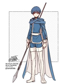 1boy arms_at_sides ben-day_dots blue_cape blue_coat blue_eyes blue_hair blue_pants boots cape closed_mouth coat commentary dated finn_(fire_emblem) fire_emblem fire_emblem:_genealogy_of_the_holy_war full_body highres holding holding_polearm holding_weapon long_sleeves looking_to_the_side male_focus nintendo pants polearm sayu030b screentones short_hair signature simple_background solo standing thigh_boots tunic watermark weapon white_background white_boots