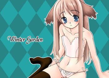 Rule 34 | 1girl, animal ears, aqua background, argyle background, argyle clothes, black thighhighs, blue eyes, blush, brown hair, bustier, dog ears, female focus, groin, kuroda bb, lingerie, long hair, looking at viewer, navel, original, panties, side-tie panties, sitting, solo, thighhighs, underwear, wariza, white panties