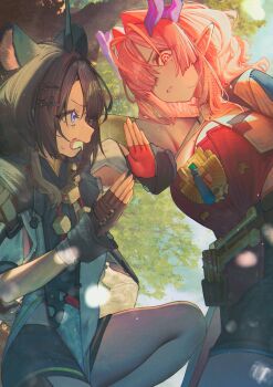 2girls absurdres animal_ears arknights arknights:_endfield betanonbeet black_gloves black_hair black_shorts blue_eyes breasts cleavage demon_girl fingerless_gloves gloves hair_intakes hair_over_one_eye highres horns large_breasts long_hair mi_fu_(arknights) mole mole_on_breast mole_under_eye multicolored_gloves multiple_girls open_mouth outdoors pink_hair pointy_ears profile purple_horns red_gloves shorts tangtang_(arknights) tiger_ears tiger_girl tree two-sided_gloves two-tone_gloves