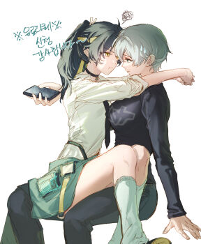 2girls arms_around_neck asaba_harumasa black_choker black_hair black_necktie black_shirt blue_eyes blue_pants breasts cellphone choker closed_mouth clothes_around_waist eye_contact genderswap genderswap_(mtf) gjpal51357 grey_hair hair_between_eyes headband highres holding holding_phone invisible_chair large_breasts leg_warmers long_hair looking_at_another multiple_girls necktie pants parted_lips phone ponytail print_shirt shirt short_hair simple_background sitting sitting_on_person sleeves_rolled_up squiggle v-shaped_eyebrows white_background white_leg_warmers white_shirt wise_(zenless_zone_zero) yellow_eyes yellow_headband yuri zenless_zone_zero