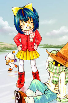 1boy 1girl ^_^ alternate_costume bad_id blue_hair blue_pants bow brown_horns closed_eyes cloud commentary_request creature eiko_carol final_fantasy final_fantasy_ix grin hair_bow hand_on_own_head hands_on_own_hips hat horns ice_skates ice_skating jacket lowres miniskirt mittens mog moogle orange_hat outdoors pants pantyhose pleated_skirt red_jacket saikachi_(ogre_tree) scarf short_hair single_horn sitting skates skating skirt smile solid_circle_eyes striped_clothes striped_mittens striped_scarf sweater teeth vivi_ornitier white_pantyhose white_sweater winter_clothes witch_hat yellow_bow yellow_eyes yellow_skirt