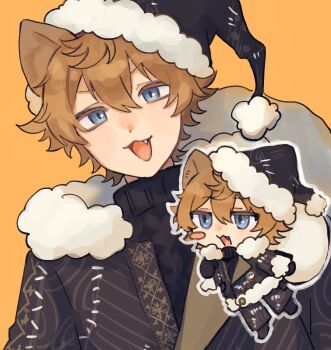 1boy :3 animal_ears black_eyeshadow black_gloves black_hat black_jacket black_pants black_shoes black_sweater blue_eyes blush_stickers brown_hair chibi chibi_inset colored_eyelashes commentary_request cowlick eyeshadow fang full_body fur-trimmed_headwear fur-trimmed_jacket fur_trim gloves grin hair_between_eyes hat highres holding holding_sack hyena_boy hyena_ears jacket jitome looking_ahead looking_at_viewer lost_in_the_book_with_tim_burton&#039;s_the_nightmare_before_christmas makeup male_focus multiple_views noriki_noki open_mouth outline pants partially_open_jacket patchwork_clothes ruggie_bucchi ruggie_bucchi_(nightmare_courier) sack santa_hat shoes short_hair simple_background single_blush_sticker smile straight-on sweater turtleneck turtleneck_sweater twisted_wonderland upper_body v-shaped_eyebrows white_outline yellow_background