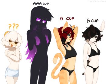 Rule 34 | 4girls, :p, ?, ??, absurdres, aeiou (yoako), animal ears, black-framed eyewear, black bra, black choker, black hair, black panties, body fur, bra, breasts, cat ears, cat girl, cat tail, choker, colored sclera, commentary, completely nude, enderman, english commentary, flat chest, furry, furry female, genderswap, genderswap (mtf), glasses, hair ornament, highres, looking at viewer, minecraft, multicolored hair, multiple girls, navel, nude, original, panties, pink hair, pink sclera, rabbit ears, rabbit girl, rabbit tail, red hair, short hair, shorts, simple background, small breasts, tail, tongue, tongue out, two-tone hair, underwear, white shorts, x hair ornament, yoako
