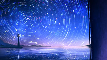blue_theme highres ladder lighthouse night no_humans original outdoors scenery sky smile_(qd4nsvik) star_(sky) star_trail starry_sky