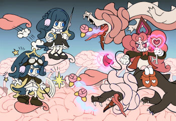 3girls arknights astesia_(arknights) astgenne_(arknights) black_shirt black_shoes black_skirt bloomers blue_eyes blue_hair braid brain collared_shirt cuphead_(game) gloves goggles goggles_on_head grin heart holding holding_sword holding_weapon key long_hair multiple_girls nymph_(arknights) pink_eyes pink_hair puffy_short_sleeves puffy_sleeves rapier red_shoes shirt shoes short_sleeves sitting skirt smile standing sword tail tongue tongue_out underwear very_long_hair weapon white_bloomers white_gloves white_shirt white_skirt yuji_(fantasia)