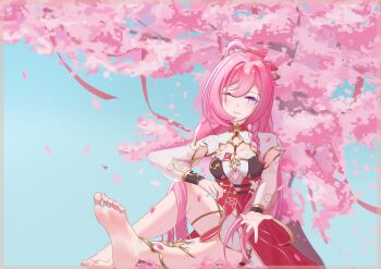 Rule 34 | 1girl, ;), absurdres, barefoot, bell, breasts, cherry blossoms, chinese commentary, commentary request, diamond-shaped pupils, diamond (shape), dress, elysia (herrscher of human: ego) (honkai impact), elysia (honkai impact), elysia (peachy spring) (honkai impact), falling petals, feet, flower, hair bell, hair flower, hair ornament, highres, honkai (series), honkai impact 3rd, large breasts, long hair, looking at viewer, medium breasts, official alternate costume, one eye closed, petals, pink hair, purple eyes, red dress, shui ye, sitting on branch, smile, soles, solo, symbol-shaped pupils, toes, very long hair