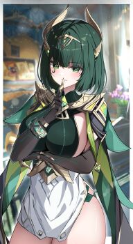 1girl absurdres ancient_egyptian_clothes black_gloves blurry blurry_background breasts claw_ring claws cleavage elbow_gloves eye_tattoo fake_claws genshin_impact gloves green_eyes green_hair green_streaks headpiece highres large_breasts looking_at_viewer mark_under_eye mole mole_under_eye nefer_(genshin_impact) short_hair smile snake_girl solo symbol-shaped_pupils tattoo triangle-shaped_pupils usekh_collar yeni1871