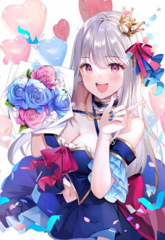 1girl aoi_(kirabosi105) balloon bare_shoulders bead_necklace beads blue_choker blue_eyes blue_flower blue_nails blue_skirt bouquet bow breasts choker cleavage commentary_request criss-cross_halter crown dress flower frilled_choker frills gradient_eyes grey_hair hair_ribbon halter_dress halterneck heart_balloon highres holding holding_bouquet hoshizuki_lunna index_finger_raised indie_virtual_youtuber jewelry large_breasts layered_skirt long_hair long_skirt looking_at_viewer mini_crown mole mole_under_eye multicolored_eyes navel necklace off-shoulder_dress off_shoulder open_mouth pink_bow pink_flower pink_ribbon purple_eyes ribbon skirt smile solo virtual_youtuber white_background