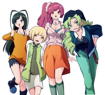 1boy 3girls :d alternate_hairstyle angry antenna_hair arms_at_sides arms_behind_back beanie black_hair black_hat black_shirt black_shorts bleach bleach:_sennen_kessen-hen blue_eyes blue_jacket blunt_bangs blunt_ends bob_cut breasts candice_catnipp cardigan casual cleavage clenched_hands clenched_teeth collarbone commentary english_commentary eyes_visible_through_hair fang feet_out_of_frame giselle_gewelle green_eyes green_hair green_pants green_socks hand_on_own_hip hands_up hat highres jacket kneehighs large_breasts leaning_forward liltotto_lamperd long_hair long_sleeves looking_at_viewer looking_to_the_side meninas_mcallon multiple_girls off-shoulder_shirt off_shoulder official_alternate_costume open_clothes open_jacket open_mouth orange_shirt orange_skirt pants pink_hair red_eyes shirt short_hair shorts side_ponytail sidelocks single_bare_shoulder skirt smile socks standing standing_on_one_leg straight_hair teeth tongue tongue_out trap v-shaped_eyebrows wallmask3 wavy_hair white_cardigan white_skirt wide_sleeves yellow_eyes