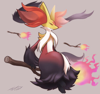 1other animal_ear_fluff animal_ears animal_feet animal_nose artist_name black_fur body_fur broom broom_riding closed_mouth delphox floating floating_object fox_ears fox_tail full_body furry gen_6_pokemon grey_background looking_afar mega_delphox multicolored_fur netiel nintendo other_focus pokemon pokemon_(creature) red_eyes red_fur sidesaddle signature simple_background sitting snout solo stick tail white_fur yellow_fur