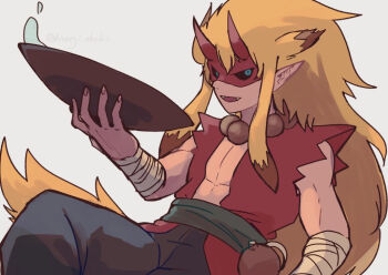 1boy bandaged_wrist bandages bead_necklace beads black_pants black_sclera blonde_hair blue_eyes colored_sclera cup eye_mask horned_mask japanese_clothes jewelry looking_at_viewer mask necklace nonoji_(nonoji_ekaki) pants pointy_ears red_mask sakazuki shutendouji_(youkai_watch) simple_background solo white_background youkai_(youkai_watch) youkai_watch