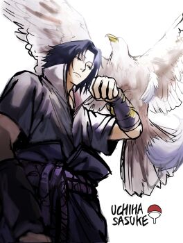 1boy animal_on_arm bird bird_on_arm black_eyes black_hair character_name commentary_request cowboy_shot eagle feathers from_below frown highres ichido792801 japanese_clothes korean_commentary male_focus naruto_(series) naruto_shippuuden solo uchiha_sasuke uchiha_symbol