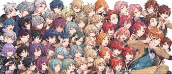 1girl 6+boys ahoge akehoshi_subaru amagi_hiiro amagi_rinne anzu_(ensemble_stars!) aoba_tsumugi aoi_hinata aoi_yuta ayase_mayoi bangs_pinned_back black_hair blonde_hair blue_eyes blue_hair brown_hair brown_jacket closed_eyes closed_mouth commentary ensemble_stars! fushimi_yuzuru glasses green_eyes green_hair grey_hair hair_between_eyes hakaze_kaoru hanamura_fuyume hands_up harukawa_sora hasumi_keito hidaka_hokuto highres himemiya_tori himeru_(ensemble_stars!) hojo_raika isara_mao itsuki_shu jacket kagehira_mika kanzaki_souma kazehaya_tatsumi kiryu_kuro long_hair looking_at_another looking_at_viewer mashiro_tomoya medium_hair mikejima_madara morisawa_chiaki multicolored_hair multiple_boys nagumo_tetora narukami_arashi natsu_kanna nito_nazuna ogami_koga one_eye_closed open_mouth orange_hair otogari_adonis oukawa_kohaku pink_eyes pink_hair ponytail purple_hair ran_nagisa red_hair saegusa_ibara sagiri_esu sakasaki_natsume sakuma_rei_(ensemble_stars!) sakuma_ritsu sazanami_jun sena_izumi_(ensemble_stars!) sengoku_shinobu shiina_niki shinkai_kanata shino_hajime shiratori_aira_(ensemble_stars!) short_hair simple_background smile streaked_hair suou_tsukasa syerii symbol-only_commentary takamine_midori taki_ibuki tenma_mitsuru tenshouin_eichi tomoe_hiyori tsukinaga_leo wataru_hibiki white_background yellow_eyes yuuki_makoto_(ensemble_stars!)