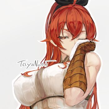 1girl alternate_hairstyle artist_name breasts eris_greyrat fingerless_gloves gloves hair_ribbon half-closed_eye highres large_breasts long_hair looking_at_viewer mushoku_tensei one_eye_closed ponytail red_eyes red_hair ribbon solo towel