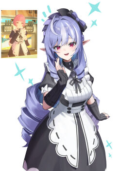 1girl alternate_costume apron black_arm_warmers black_dress black_ribbon blush bow commentary_request dress drill_hair frills game_screenshot_inset hairband highres long_hair looking_at_viewer maid maid_apron matsuhisa_(ryo-tsuda1) neck_ribbon notice_lines open_mouth pointy_ears purple_bow purple_eyes purple_hair purple_hairband purple_nails reference_inset ribbon solo sparkle standing vivian_banshee waving white_apron white_background white_bow zenless_zone_zero