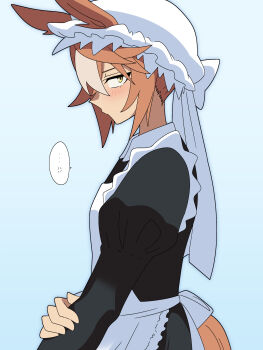 Rule 34 | ..., 1girl, alternate costume, anger vein, animal ears, apron, black dress, blue background, blush, brown hair, closed mouth, collared dress, commentary request, dicta striker (umamusume), dress, ears through headwear, enmaided, from side, hair between eyes, hat, highres, ho 1000 ka, horse ears, horse girl, horse tail, juliet sleeves, long sleeves, looking at viewer, looking to the side, maid, mob cap, multicolored hair, profile, puffy sleeves, simple background, solo, spoken anger vein, spoken ellipsis, streaked hair, tail, umamusume, umamusume: cinderella gray, white apron, white hair, white hat, yellow eyes