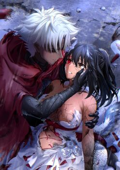 1boy 1girl absurdres armor black_armor black_gloves black_hair church cloak cracked_skin dress emiya_kiritsugu emiya_kiritsugu_(assassin) facial_scar fate/grand_order fate/zero fate_(series) feathered_wings flower gloves hand_on_another&#039;s_cheek hand_on_another&#039;s_face harukey heterochromia highres navel rain red_cloak red_eyes rose scar scar_on_cheek scar_on_face shirley_(fate) torn_clothes vampire wedding_dress white_flower white_hair white_rose wings yellow_eyes