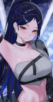 1girl absurdres arm_strap arm_up armpits bare_shoulders black_choker blue_hair blurry bokeh breasts choker closed_mouth commentary crop_top depth_of_field earpiece earrings grey_shirt high_ponytail highres hoop_earrings jewelry large_breasts lilpa long_hair long_sleeves looking_at_viewer midriff multicolored_hair navel ponytail sei_(0724sei6) shirt single_sleeve smile solo stage_lights stomach streaked_hair upper_body very_long_hair virtual_youtuber waktaverse yellow_eyes