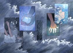 Rule 34 | 2girls, 2others, black background, black hair, blue background, blue hair, bubble, closed eyes, glowing, glowing hand, grey background, heikala, highres, holding water, multiple girls, multiple others, ocean, original, overlapped images, painting (medium), partially submerged, rain, ripples, shirt, storm, traditional media, underwater, water, watercolor (medium), waves, white shirt, window