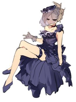 1girl alternate_costume animification bad_id bad_twitter_id black_choker black_gloves blue_dress blue_hat blue_shoes brown_hair choker commentary crossed_legs dress eddsworld eyebrow_piercing face_piercing gloves hat hollow_eyes inactive_account invisible_chair jitome nana_(ebitokanimiso) painttool_sai_(medium) piercing shoes short_hair simple_background sitting sketch solo symbol-only_commentary tamara_(eddsworld) thigh_strap topknot veil white_background