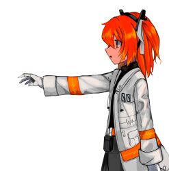 Rule 34 | 1girl, a.i. voice, absurdres, arm at side, belt pouch, commentary, drawstring, from side, gloves, hair ribbon, highres, jacket, long sleeves, medium hair, one side up, open clothes, open jacket, orange eyes, orange hair, outstretched arm, parted lips, pouch, profile, ribbon, shouyu (syoyuconitiwa), simple background, solo, standing, upper body, utau, white background, white gloves, white jacket, white ribbon