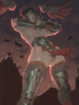 Rule 34 | 1girl, armor, belt, black hair, breasts, hades (series), hades 2, highres, looking at viewer, muscular, muscular female, nemesis (hades), pubic hair, pulkamen, purple lips, self-upload, shield, skull, yellow eyes