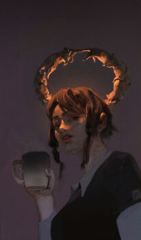 Rule 34 | 1girl, black shirt, brown hair, commentary, cooking, cup, english commentary, grey background, halo, hand up, holding, holding cup, jpeg artifacts, layered sleeves, long sleeves, looking at viewer, mug, open mouth, original, quiet victories, shirt, short hair, short over long sleeves, short sleeves, upper body