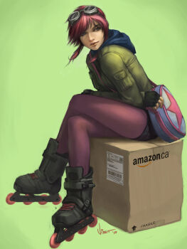 1girl amazon_(company) bag blue_eyes box cardboard_box coat crossed_legs female_focus goggles goggles_on_head highres inline_skates lips looking_back non-web_source on_box pantyhose pantyhose_under_shorts pink_hair pink_pantyhose ramona_flowers realistic roller_skates scott_pilgrim_(series) short_hair shorts sidelocks sitting sitting_on_box skates solo united_states_postal_service viet_nguyen wind