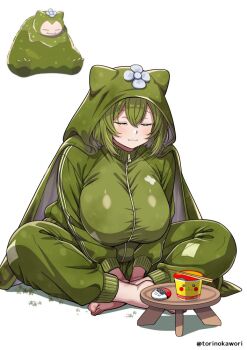 1girl animal_ear_hood barefoot breasts chopsticks closed_eyes closed_mouth commentary_request countdown_timer creature_and_personification fake_animal_ears fangs fangs_out flower flower_on_head gen_1_pokemon grass green_hair green_hood green_jacket green_pants green_track_suit hood hood_up huge_breasts indian_style instant_cup_noodles instant_noodles jacket kitchen_timer mosslax nintendo pants patchwork_clothes personification pikachu_print poke_ball_theme pokemon pokemon_pokopia reference_inset round_table short_hair sidelocks simple_background sitting snorlax solo table torinokawori track_jacket track_pants track_suit twitter_username waiting white_background wooden_table zipper
