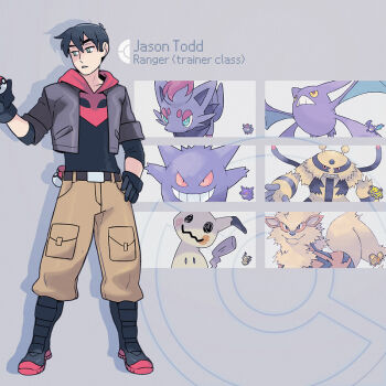 Rule 34 | 1boy, adapted costume, arcanine, batman (series), belt, black gloves, black hair, boots, cargo pants, character profile, crobat, cropped jacket, crossover, dc comics, electivire, expressionless, fishtre, gen 1 pokemon, gen 2 pokemon, gen 4 pokemon, gen 5 pokemon, gen 7 pokemon, gengar, gloves, green eyes, holding, holding poke ball, jacket, jacket over hoodie, jason todd, looking back, male focus, mimikyu, nintendo, pants, poke ball, poke ball (basic), pokemon, three-quarter sleeves, zorua