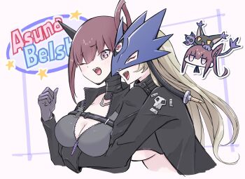 2girls beelstarmon black_coat black_gloves blacktailmon blonde_hair blue_eyes blue_mask blush breasts closed_eyes coat commentary_request couple cropped_vest derringer digimon digimon_(creature) digimon_story:_time_stranger eye_mask gloves gun handgun highres jacket large_breasts leather leather_jacket long_hair mask multiple_girls nagoshi open_mouth shiroki_asuna simple_background smile speech_bubble third_eye tight_clothes underboob upper_body vest weapon yuri