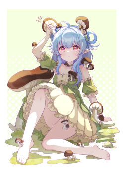 1girl absurdres ahoge arm_support arm_up barefoot blue_hair border bow breasts choker dress feet frilled_dress frills frown full_body green_background green_bow green_choker green_dress hair_bow highres legs looking_at_viewer medium_hair mushroom mushroom_on_head notice_lines original pointy_ears red_eyes sidelocks signature sitting small_breasts solo sweatdrop toes white_border ximilulu