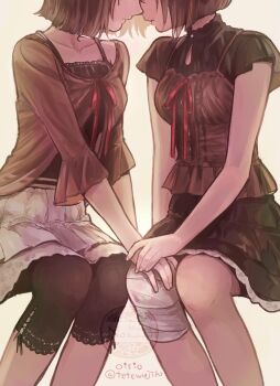 2girls above-cleavage_cutout amakura_mayu amakura_mio arm_at_side artist_name bandaged_leg bandages black_camisole black_leggings black_shirt black_skirt bob_cut breasts brown_camisole brown_hair brown_shirt camisole camisole_over_clothes closed_mouth clothing_cutout collarbone commentary eyes_out_of_frame face-to-face fatal_frame fatal_frame_ii:_crimson_butterfly feet_out_of_frame hand_on_another's_hand hand_on_another's_knee head_out_of_frame highres invisible_chair leggings medium_breasts miniskirt multiple_girls oisiso parted_lips profile red_ribbon ribbon shirt short_hair short_sleeves siblings simple_background sisters sitting skirt three-quarter_sleeves twins twitter_username watermark white_skirt yellow_background