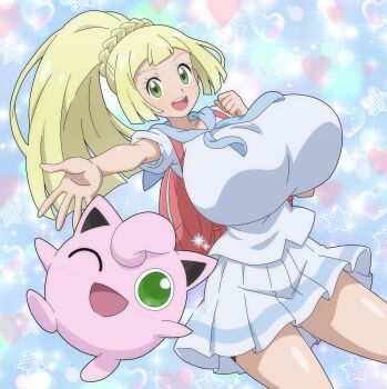 1girl absurdres alternate_breast_size blonde_hair breasts gen_1_pokemon green_eyes highres hitokiwa_kenchin huge_breasts jigglypuff lillie_(pokemon) nintendo pokemon pokemon_(creature) pokemon_sm